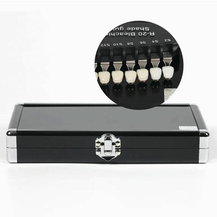 Dental 20-Color Tooth Shade Guide Cold Light Whitening Shade Card Aluminum Box with Mirror for Tooth Veneer Color Comparison